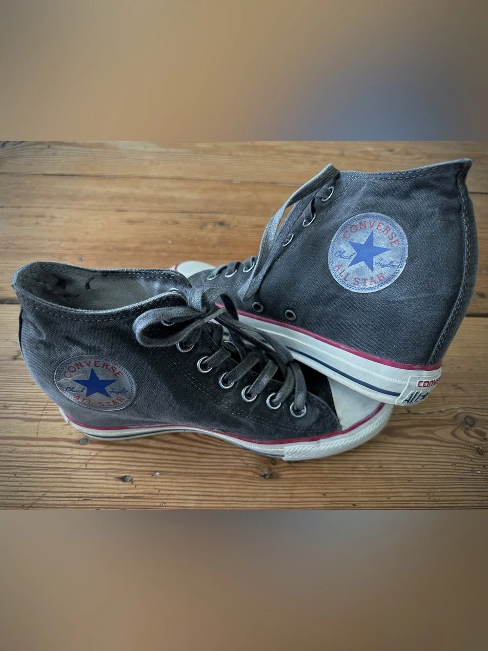 Converse  Distressed high heel Gray High Top Sneakers with Red Trim